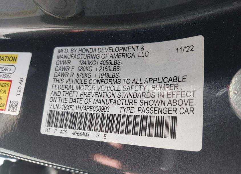 Photo 9 of 2023 Honda Civic EX-L /EX-L W/O BSI (VIN 19XFL1H74PE000903)