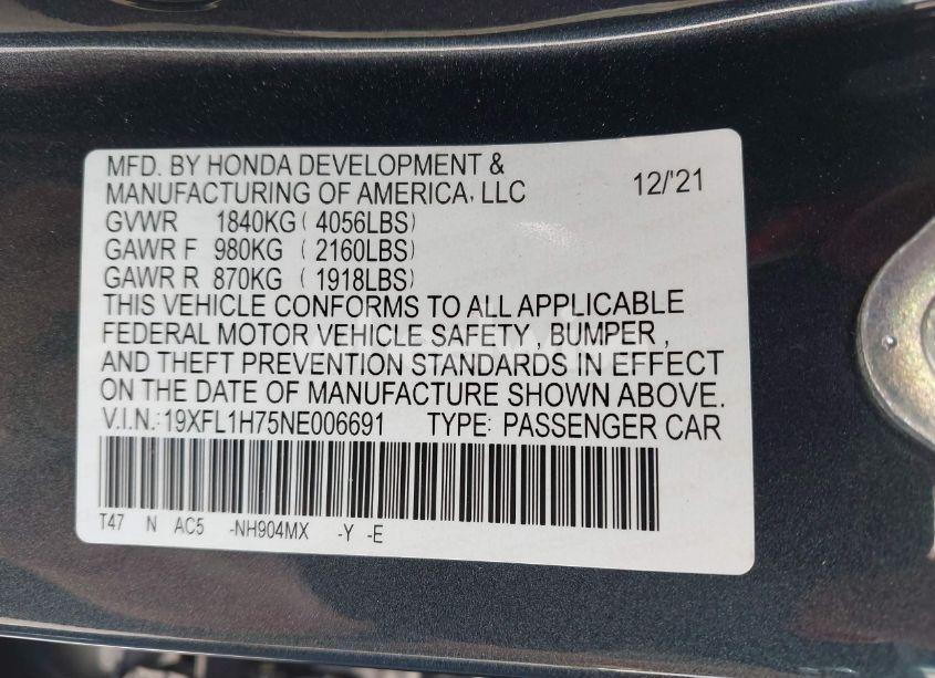 Photo 9 of 2022 Honda Civic EX-L (VIN 19XFL1H75NE006691)