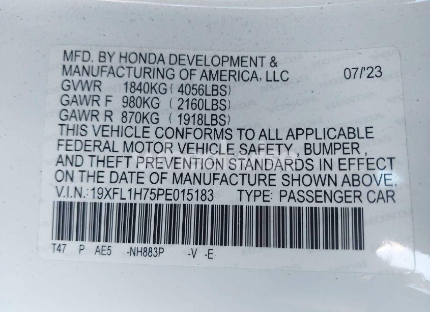 Photo 9 of 2023 Honda Civic EX-L /EX-L W/O BSI (VIN 19XFL1H75PE015183)