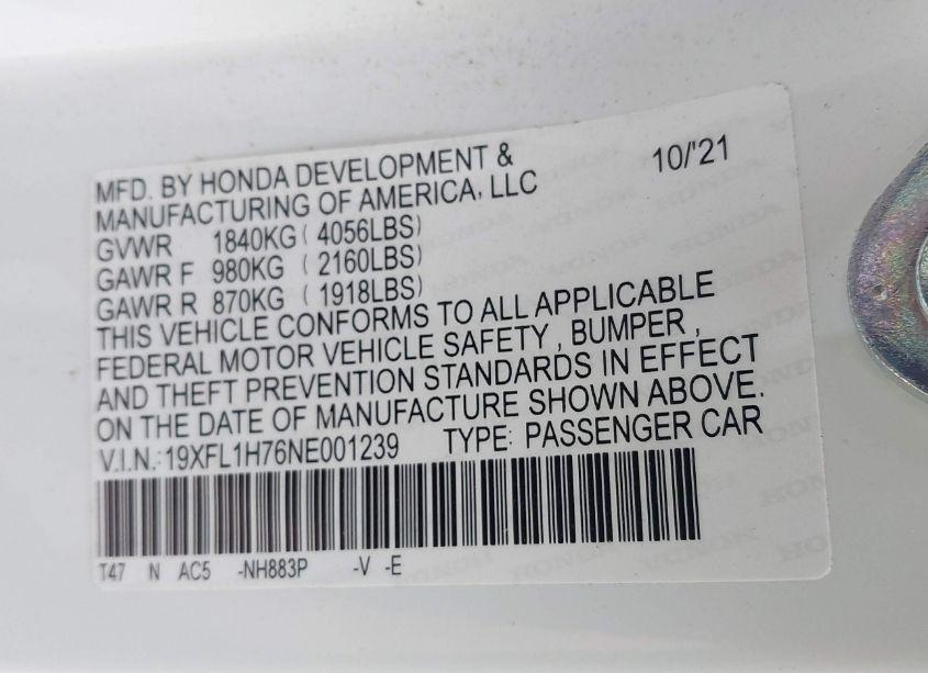 Photo 9 of 2022 Honda Civic EX-L (VIN 19XFL1H76NE001239)