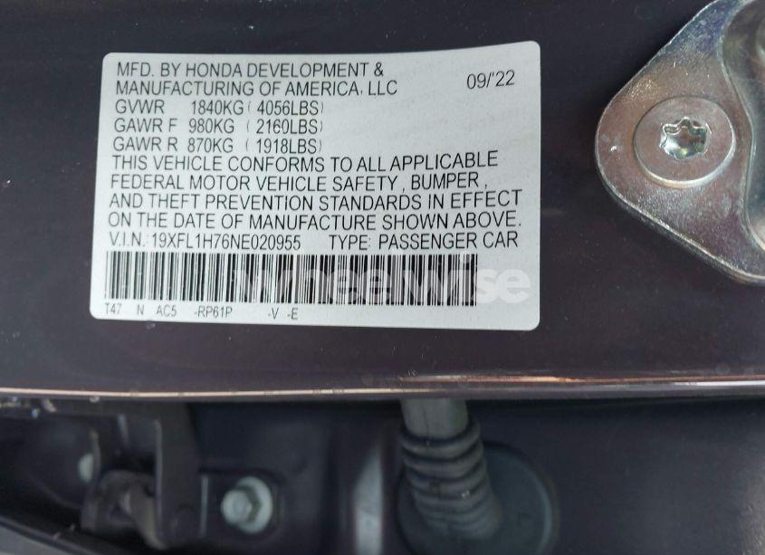 Photo 9 of 2022 Honda Civic EX-L (VIN 19XFL1H76NE020955)