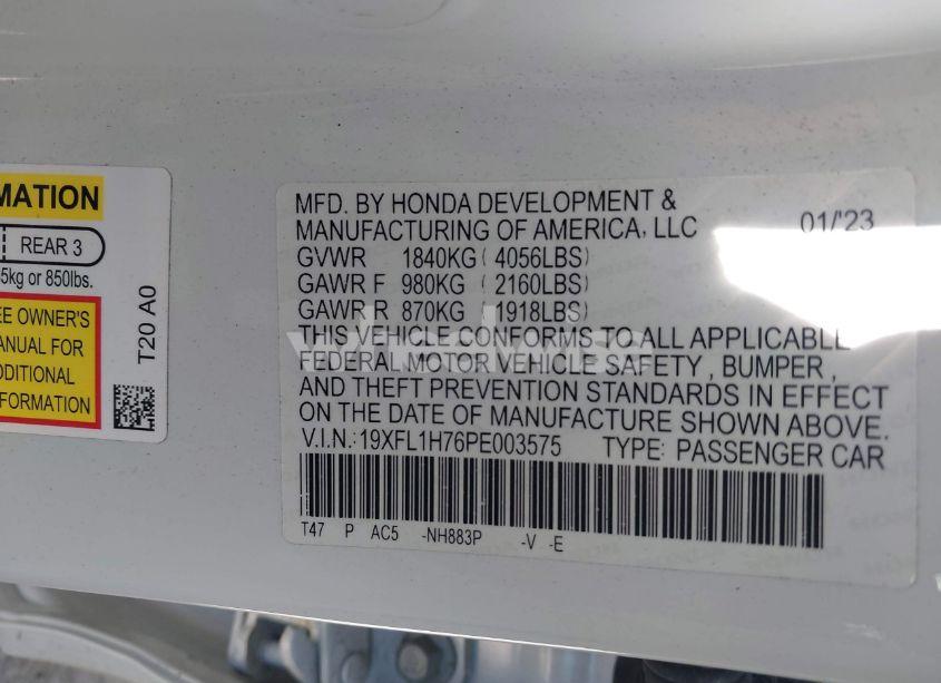 Photo 9 of 2023 Honda Civic EX-L/EX-L W/O BSI (VIN 19XFL1H76PE003575)