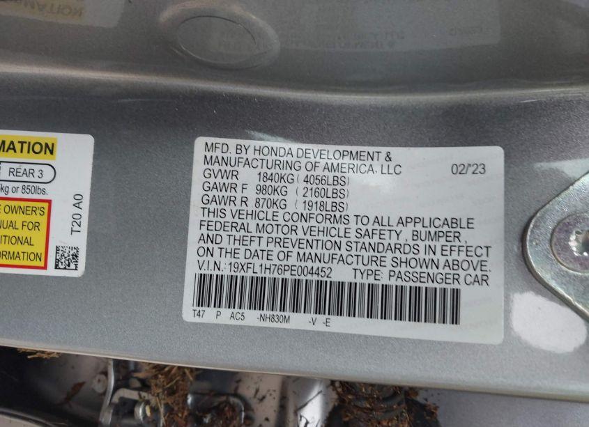 Photo 9 of 2023 Honda Civic EX-L /EX-L W/O BSI (VIN 19XFL1H76PE004452)