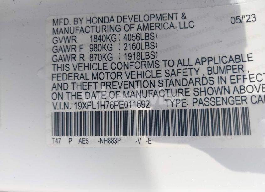 Photo 9 of 2023 Honda Civic EX-L /EX-L W/O BSI (VIN 19XFL1H76PE011692)