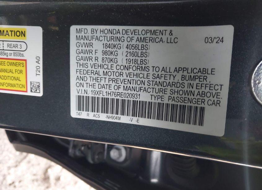 Photo 9 of 2024 Honda Civic EX-L (VIN 19XFL1H76RE020931)