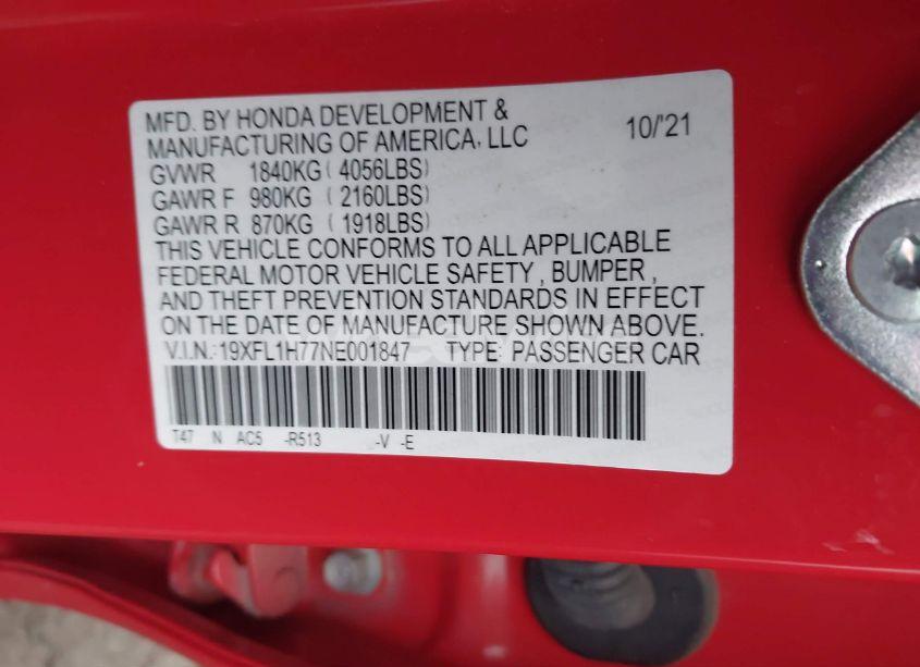 Photo 9 of 2022 Honda Civic EX-L (VIN 19XFL1H77NE001847)