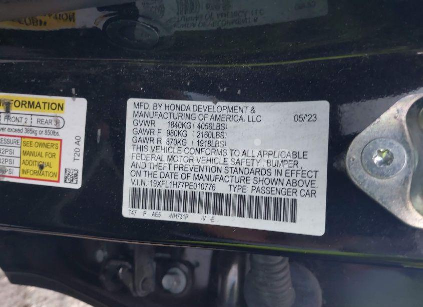 Photo 9 of 2023 Honda Civic EX-L /EX-L W/O BSI (VIN 19XFL1H77PE010776)