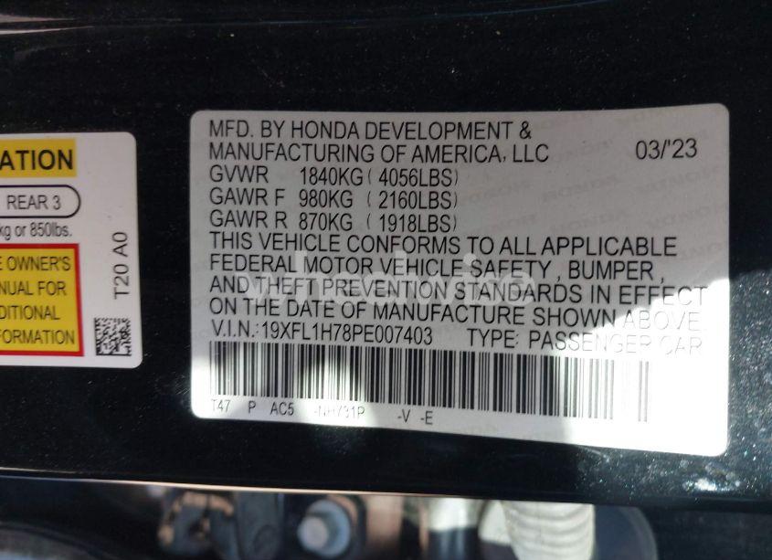 Photo 9 of 2023 Honda Civic EX-L /EX-L W/O BSI (VIN 19XFL1H78PE007403)
