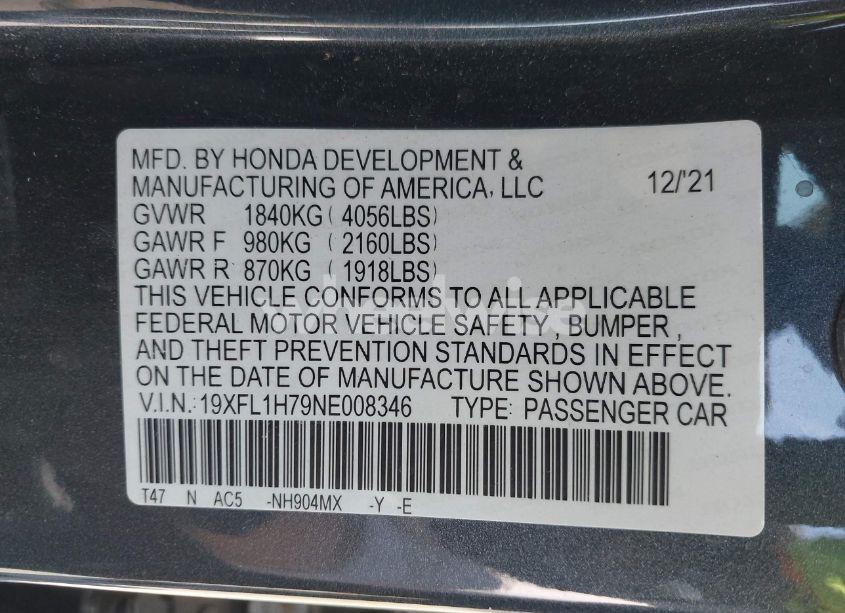 Photo 9 of 2022 Honda Civic EX-L (VIN 19XFL1H79NE008346)