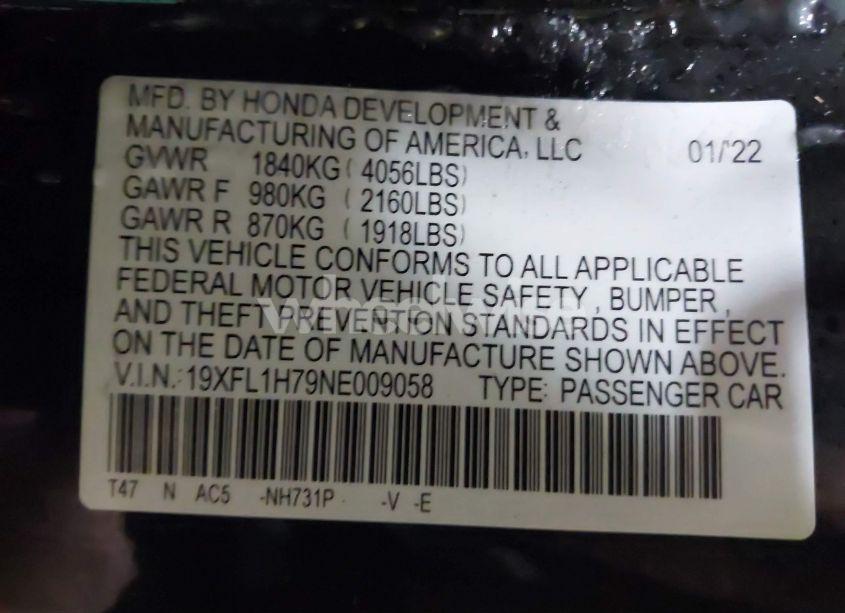 Photo 9 of 2022 Honda Civic EX-L (VIN 19XFL1H79NE009058)