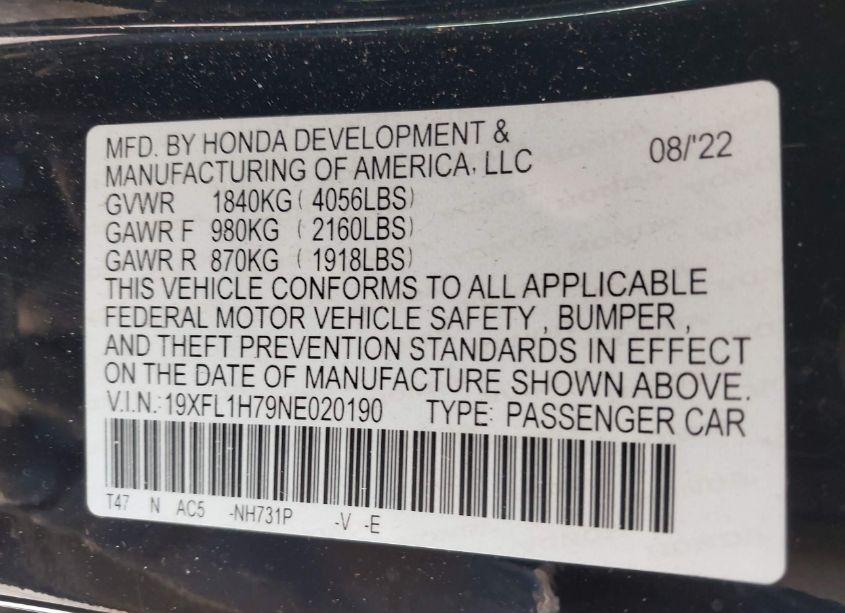 Photo 9 of 2022 Honda Civic EX-L (VIN 19XFL1H79NE020190)