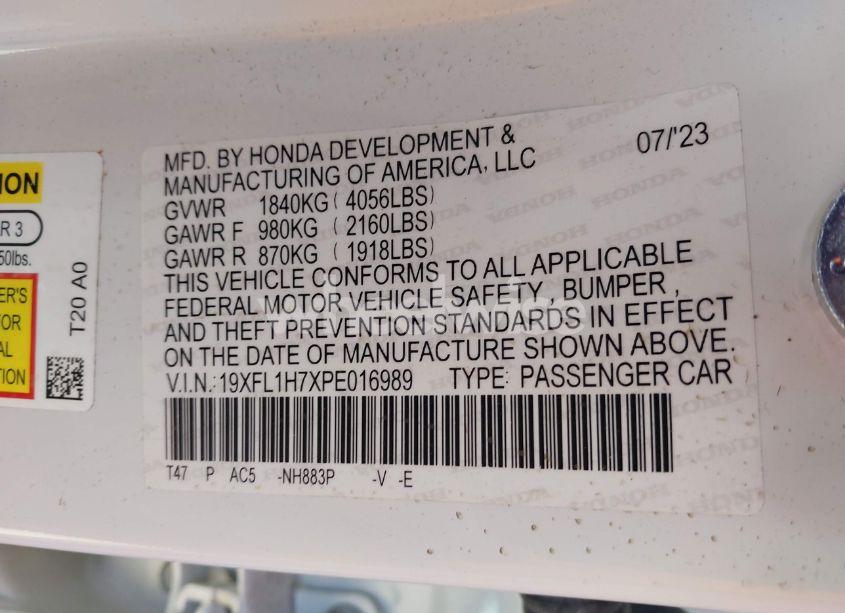 Photo 9 of 2023 Honda Civic EX-L /EX-L W/O BSI (VIN 19XFL1H7XPE016989)