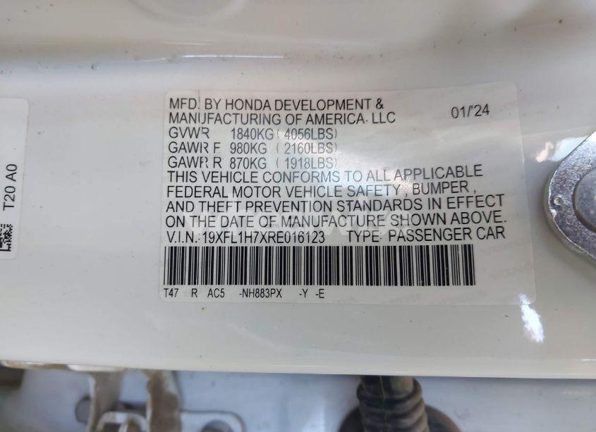 Photo 9 of 2024 Honda Civic EX-L (VIN 19XFL1H7XRE016123)