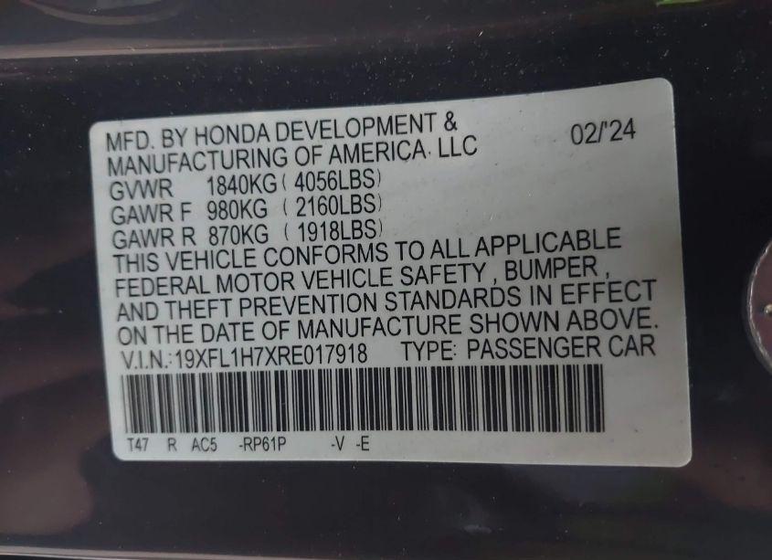 Photo 9 of 2024 Honda Civic EX-L (VIN 19XFL1H7XRE017918)