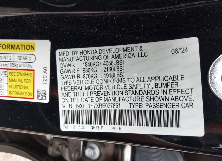 Photo 9 of 2024 Honda Civic EX-L (VIN 19XFL1H7XRE027851)