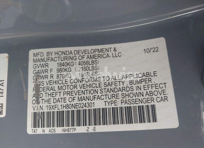 Photo 9 of 2022 Honda Civic SPORT TOURING (VIN 19XFL1H80NE024301)