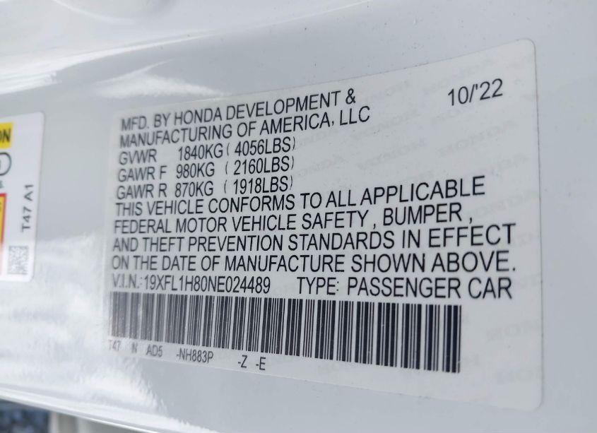 Photo 9 of 2022 Honda Civic SPORT TOURING (VIN 19XFL1H80NE024489)