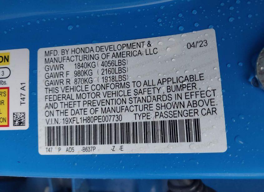 Photo 9 of 2023 Honda Civic SPORT TOURING (VIN 19XFL1H80PE007730)