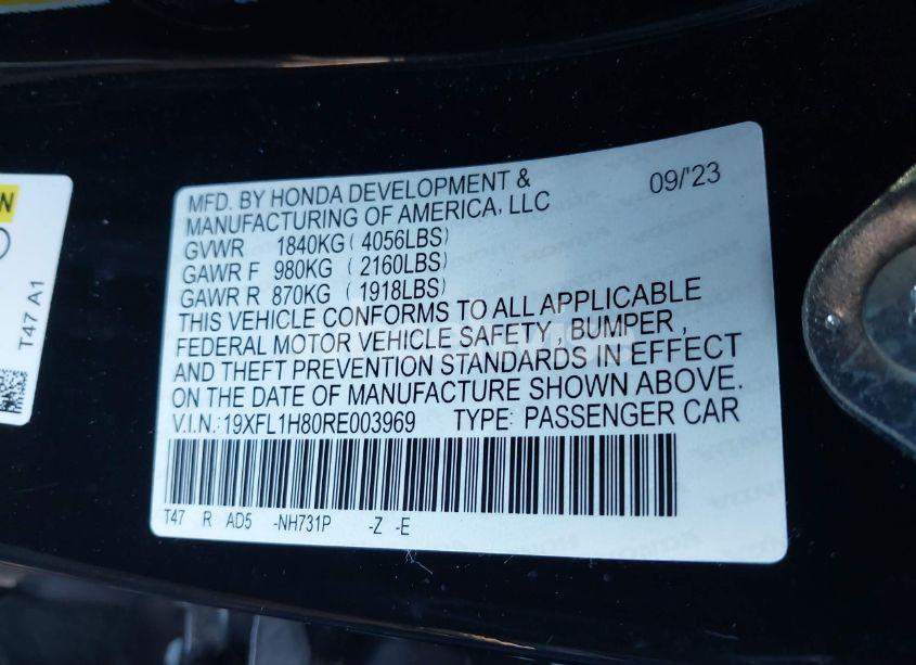 Photo 9 of 2024 Honda Civic SPORT TOURING (VIN 19XFL1H80RE003969)