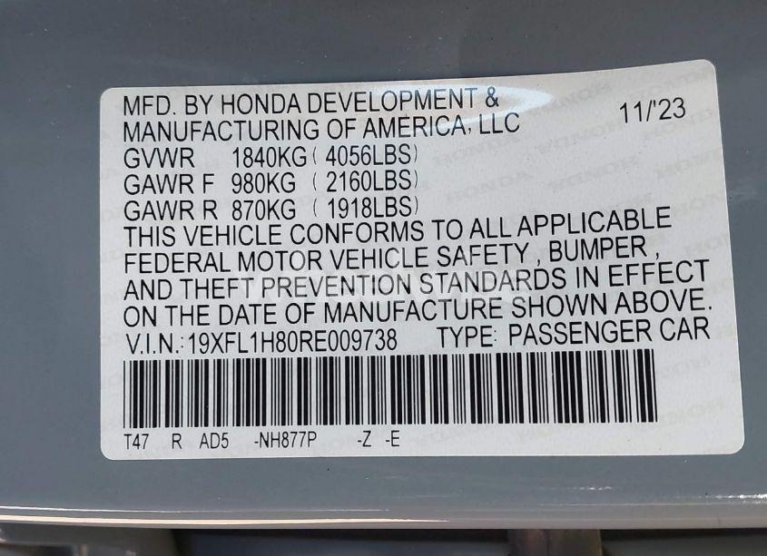 Photo 9 of 2024 Honda Civic SPORT TOURING (VIN 19XFL1H80RE009738)