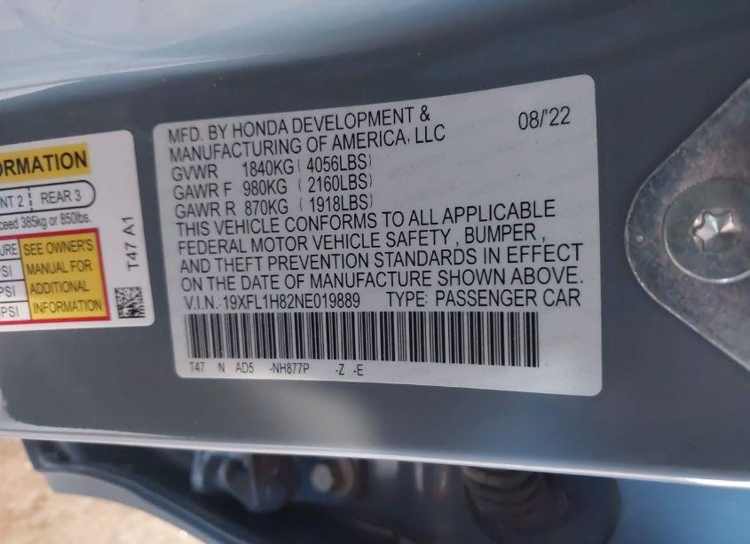 Photo 9 of 2022 Honda Civic SPORT TOURING (VIN 19XFL1H82NE019889)