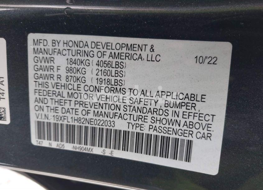 Photo 9 of 2022 Honda Civic SPORT TOURING (VIN 19XFL1H82NE022033)