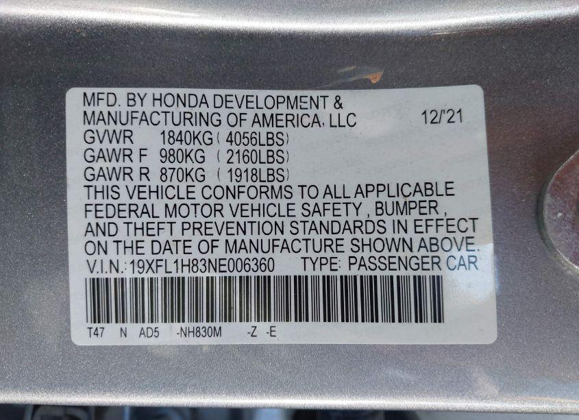 Photo 9 of 2022 Honda Civic SPORT TOURING (VIN 19XFL1H83NE006360)