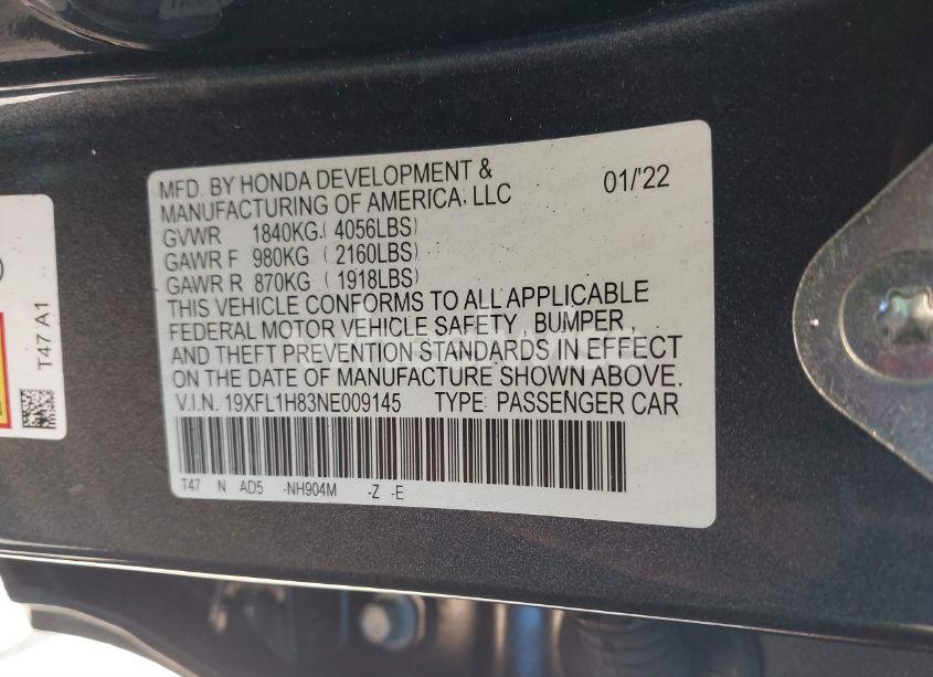 Photo 9 of 2022 Honda Civic SPORT TOURING (VIN 19XFL1H83NE009145)