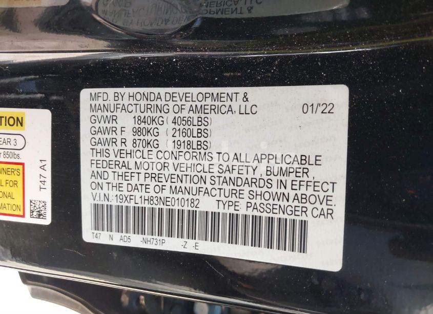 Photo 9 of 2022 Honda Civic SPORT TOURING (VIN 19XFL1H83NE010182)