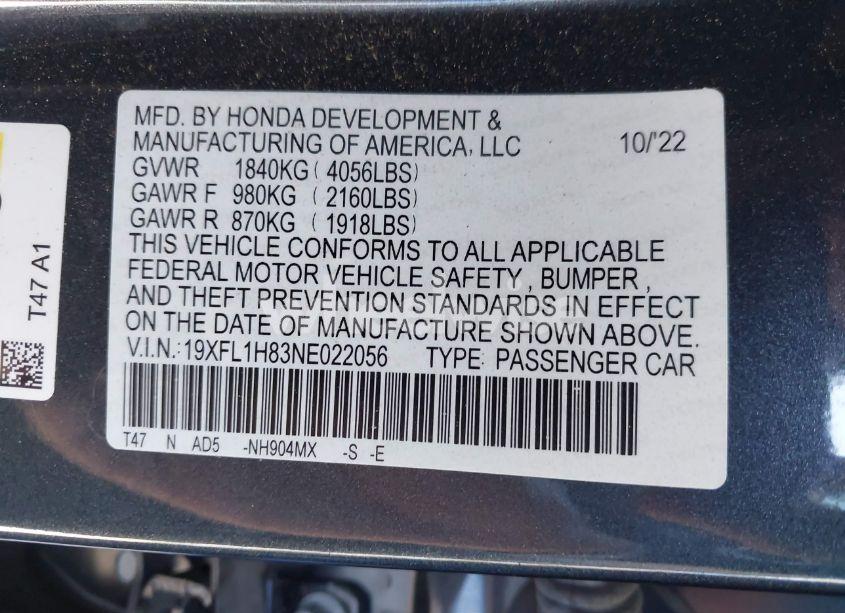 Photo 9 of 2022 Honda Civic SPORT TOURING (VIN 19XFL1H83NE022056)