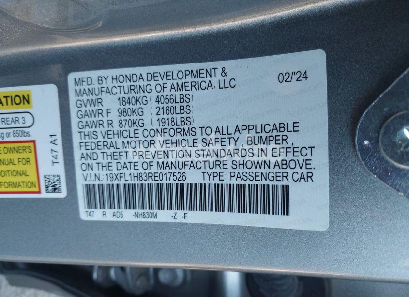 Photo 9 of 2024 Honda Civic SPORT TOURING (VIN 19XFL1H83RE017526)