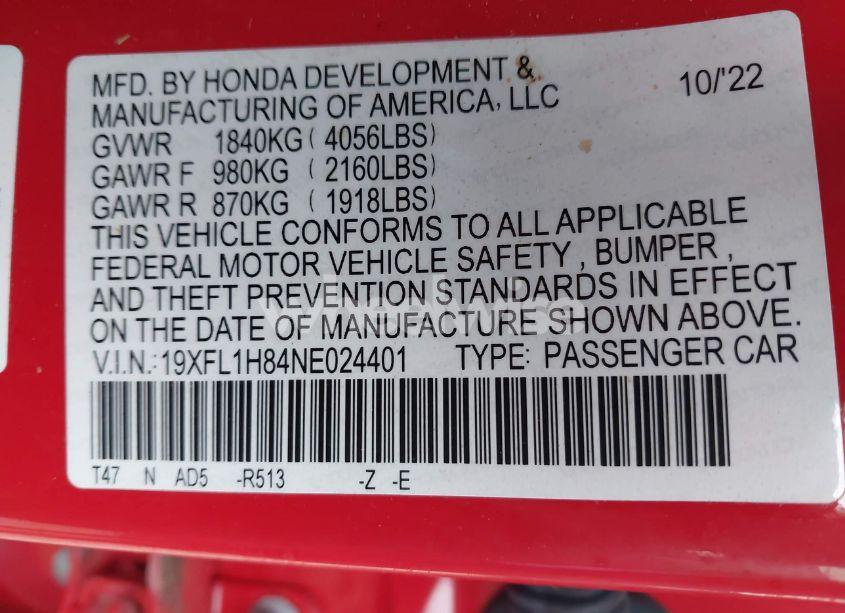 Photo 9 of 2022 Honda Civic SPORT TOURING (VIN 19XFL1H84NE024401)