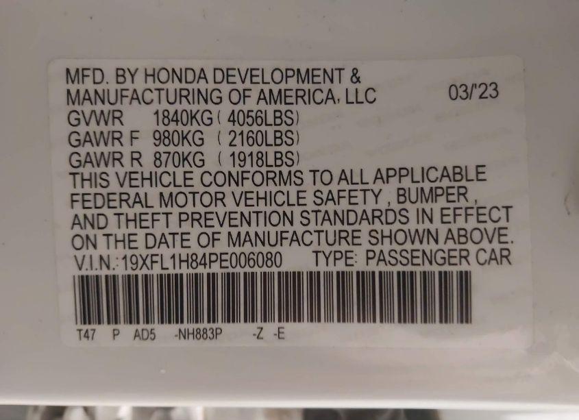 Photo 9 of 2023 Honda Civic SPORT TOURING (VIN 19XFL1H84PE006080)