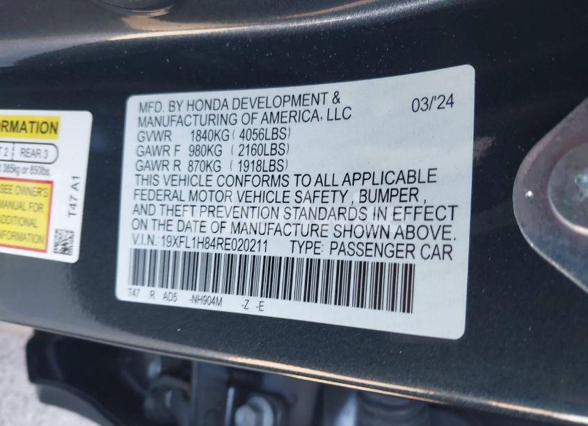 Photo 9 of 2024 Honda Civic SPORT TOURING (VIN 19XFL1H84RE020211)