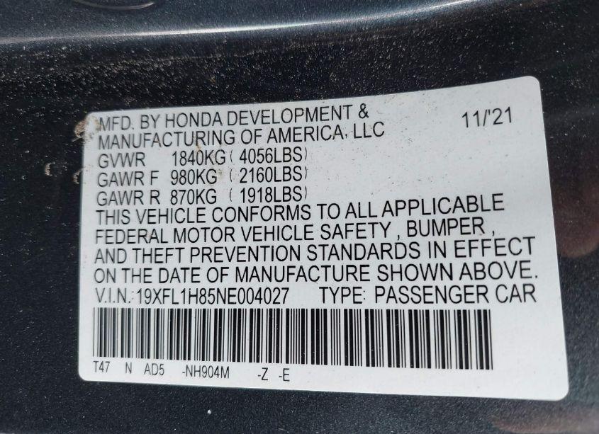 Photo 9 of 2022 Honda Civic SPORT TOURING (VIN 19XFL1H85NE004027)