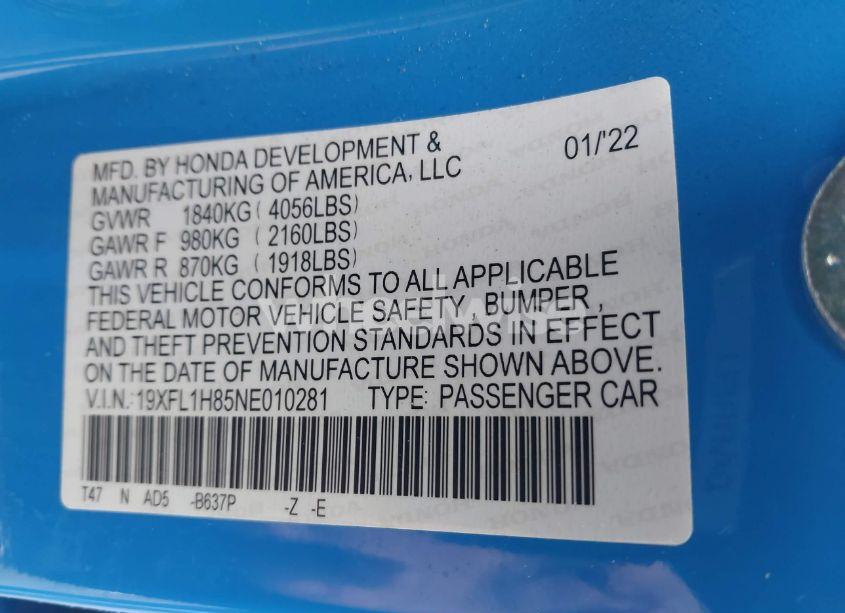 Photo 9 of 2022 Honda Civic SPORT TOURING (VIN 19XFL1H85NE010281)