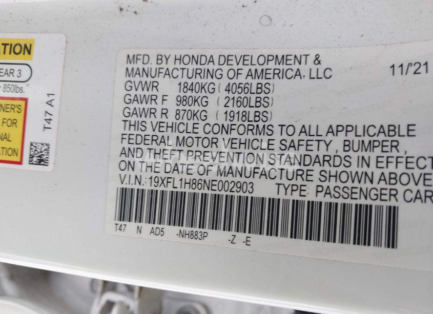 Photo 9 of 2022 Honda Civic SPORT TOURING (VIN 19XFL1H86NE002903)