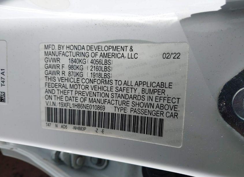 Photo 9 of 2022 Honda Civic SPORT TOURING (VIN 19XFL1H86NE010869)