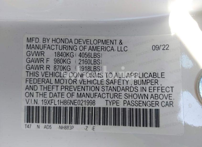 Photo 9 of 2022 Honda Civic SPORT TOURING (VIN 19XFL1H86NE021998)