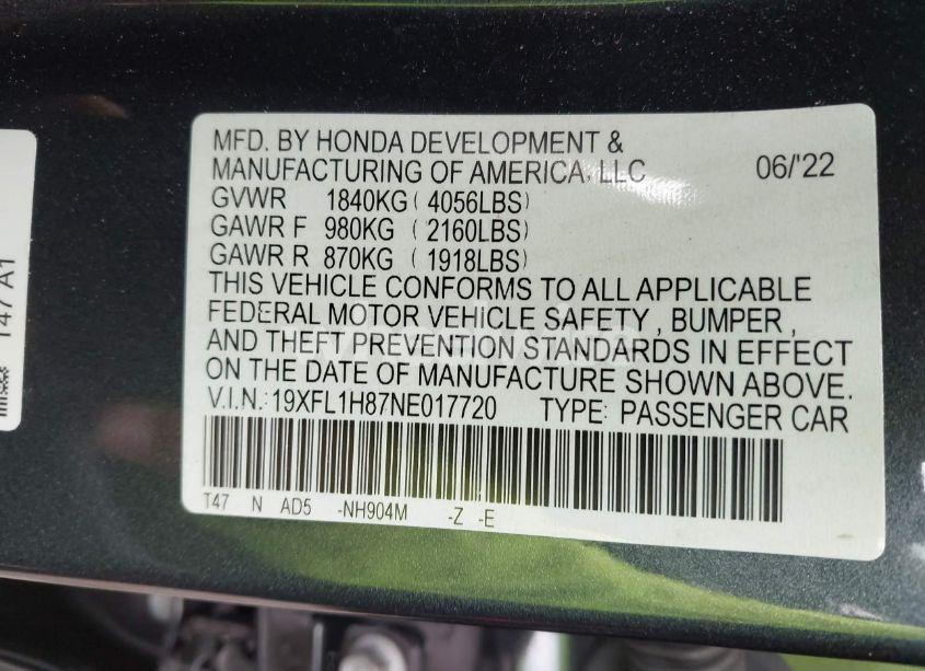 Photo 9 of 2022 Honda Civic SPORT TOURING (VIN 19XFL1H87NE017720)