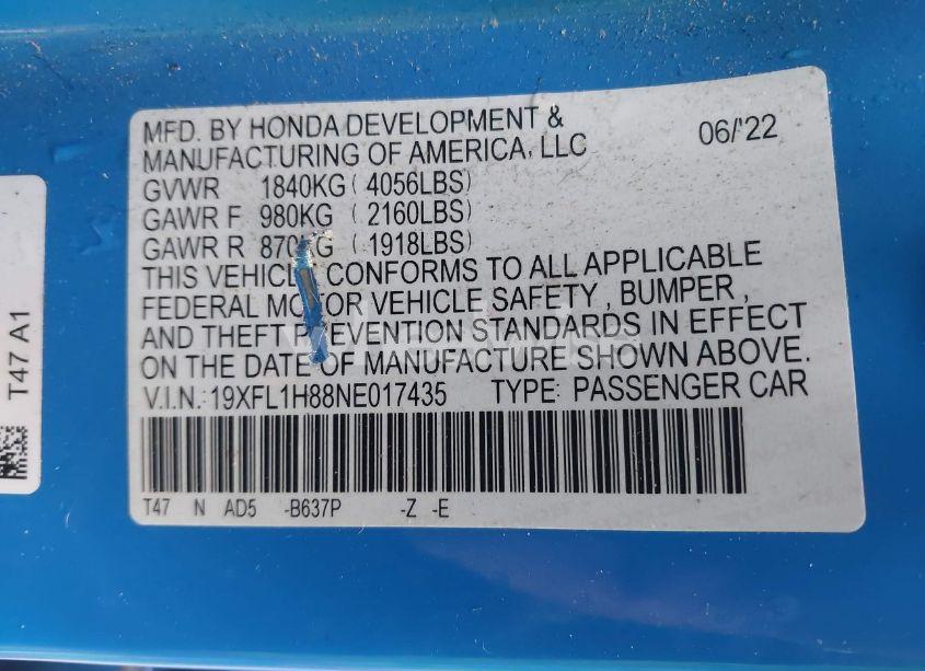 Photo 9 of 2022 Honda Civic SPORT TOURING (VIN 19XFL1H88NE017435)