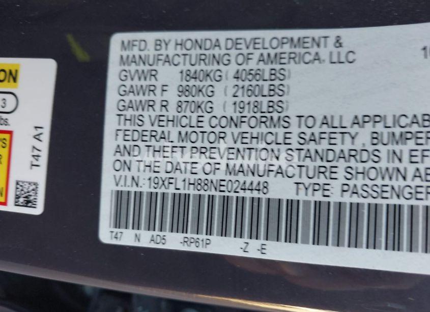 Photo 9 of 2022 Honda Civic SPORT TOURING (VIN 19XFL1H88NE024448)