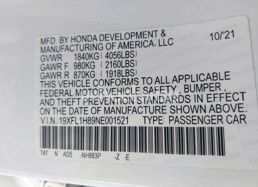 Photo 9 of 2022 Honda Civic SPORT TOURING (VIN 19XFL1H89NE001521)