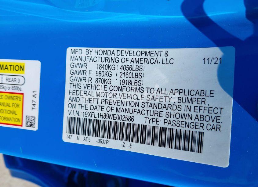 Photo 9 of 2022 Honda Civic SPORT TOURING (VIN 19XFL1H89NE002586)