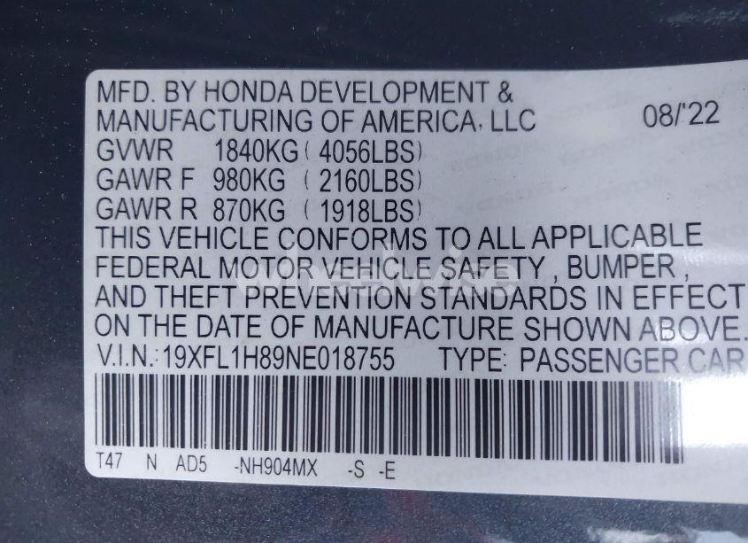 Photo 9 of 2022 Honda Civic SPORT TOURING (VIN 19XFL1H89NE018755)