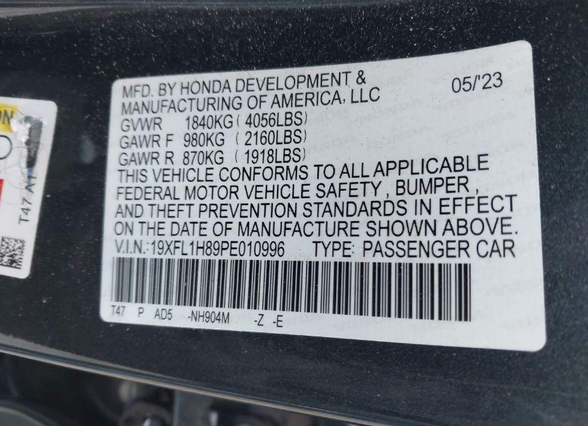 Photo 9 of 2023 Honda Civic SPORT TOURING (VIN 19XFL1H89PE010996)