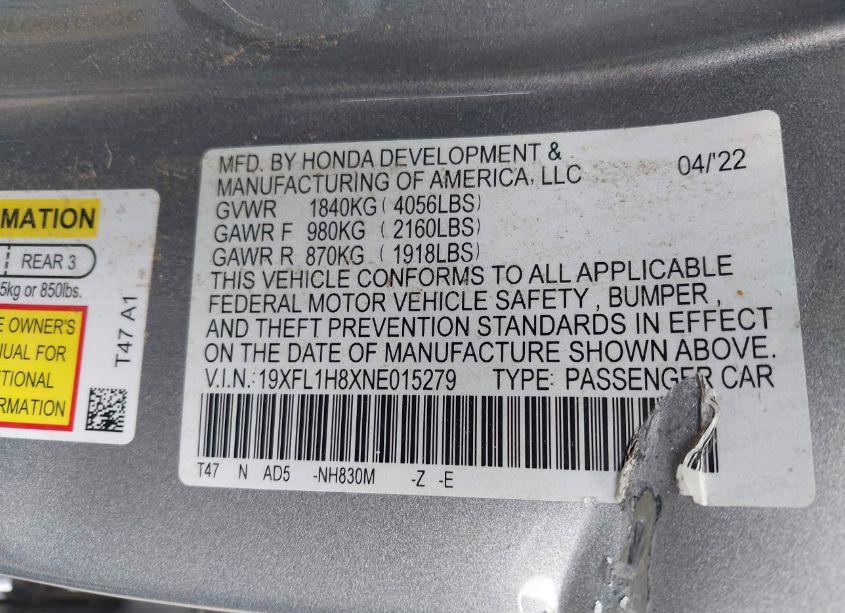 Photo 9 of 2022 Honda Civic SPORT TOURING (VIN 19XFL1H8XNE015279)