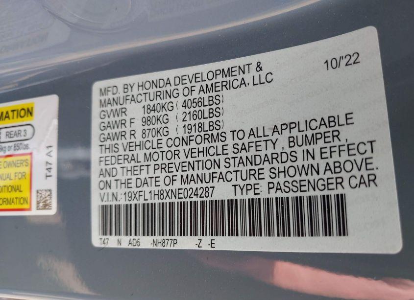 Photo 9 of 2022 Honda Civic SPORT TOURING (VIN 19XFL1H8XNE024287)