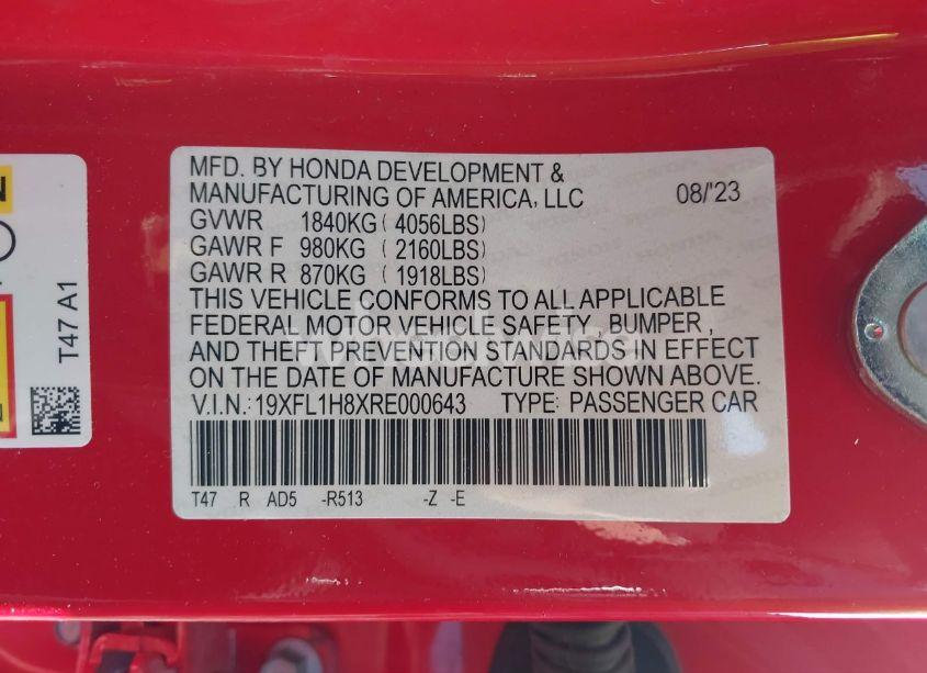 Photo 9 of 2024 Honda Civic SPORT TOURING (VIN 19XFL1H8XRE000643)