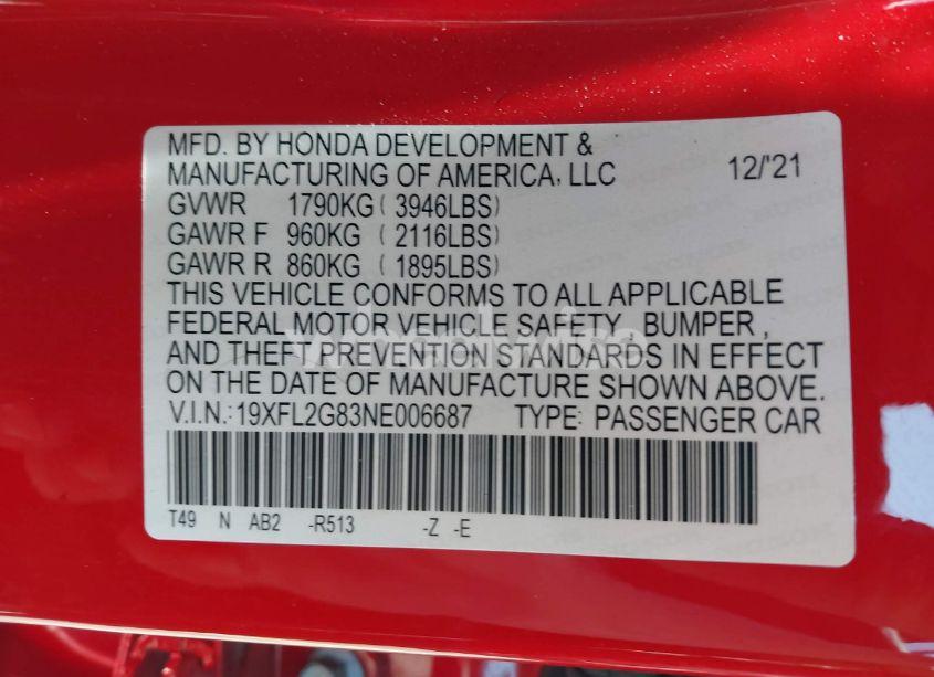 Photo 9 of 2022 Honda Civic SPORT (VIN 19XFL2G83NE006687)